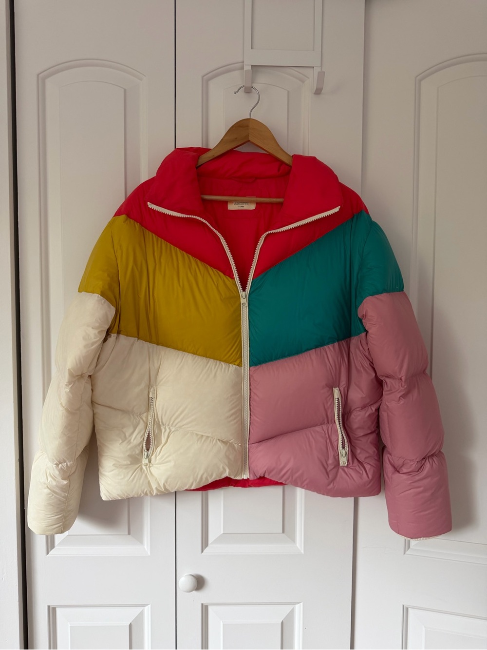 Marine Layer Colorblock Puffer Jacket in Hot Pink, Teal, Mustard & Cream